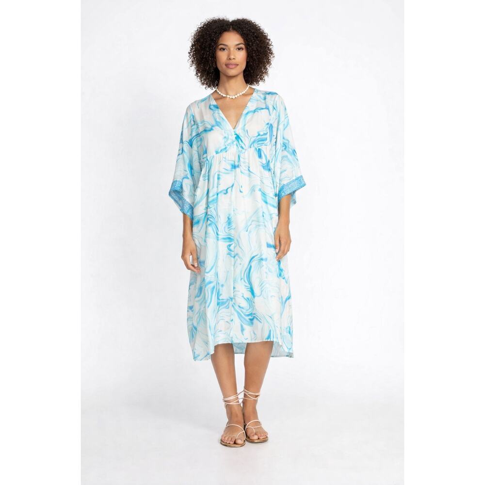 Johnny Was Workshop Marble Ocean Kimono Dress XS 100% Silk Blue Boho Tunic